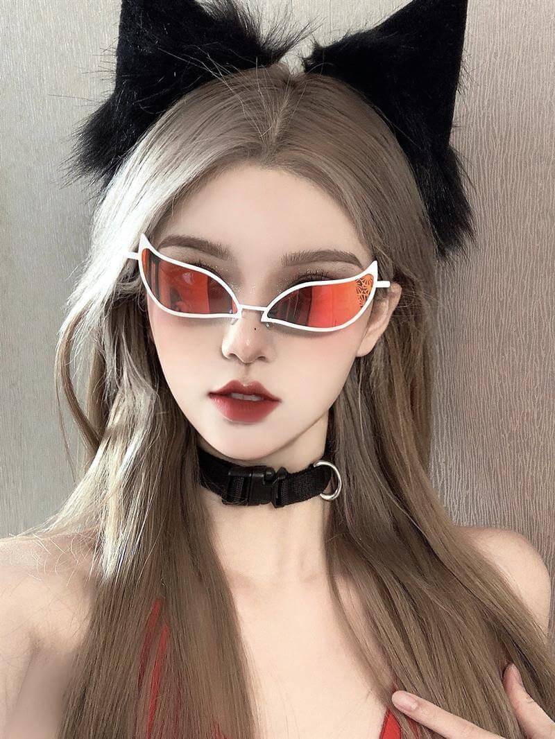 Tech Sense Sunglasses Cat Eye Glasses in stylish design worn by model with cat ear accessories.