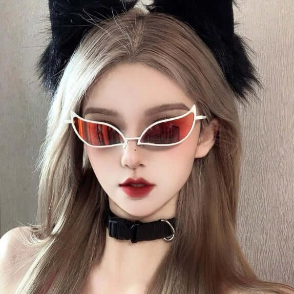Model wearing Tech Sense Sunglasses Cat Eye Glasses with red lenses and cat ears, showcasing stylish UV protection.