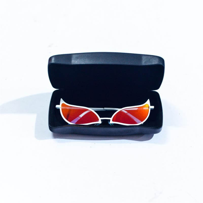 Tech Sense Sunglasses Cat Eye Glasses in a black case with stylish red lenses.