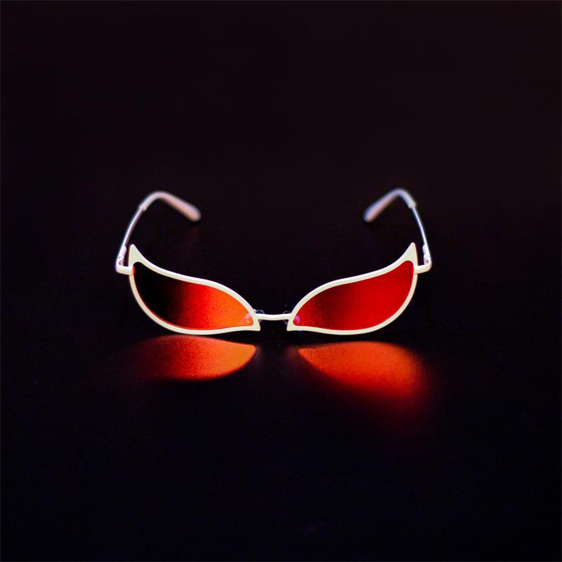 Tech Sense Sunglasses Cat Eye Glasses with red lenses on a dark background.