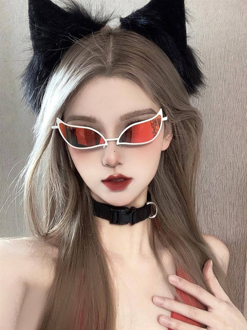 Tech Sense Sunglasses Cat Eye Glasses worn by model with cat ears and red lenses