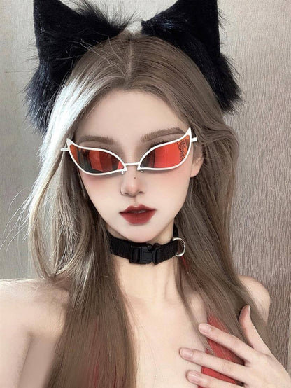 Tech Sense Sunglasses Cat Eye Glasses worn by model with cat ears and red lenses
